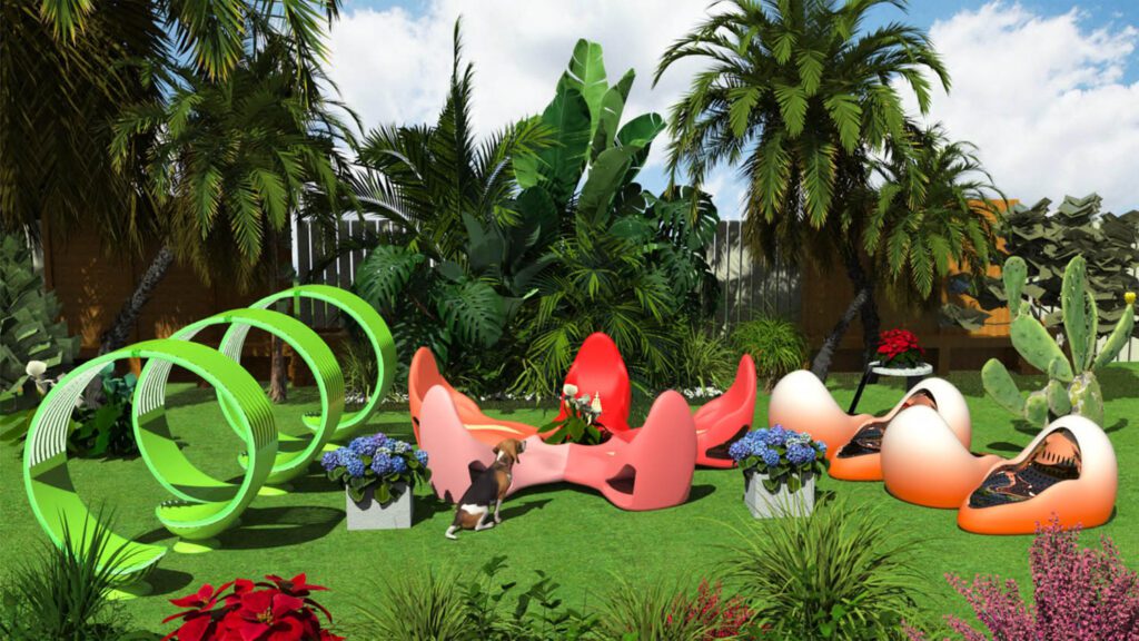 A rendering of outdoor furnishings in a garden.