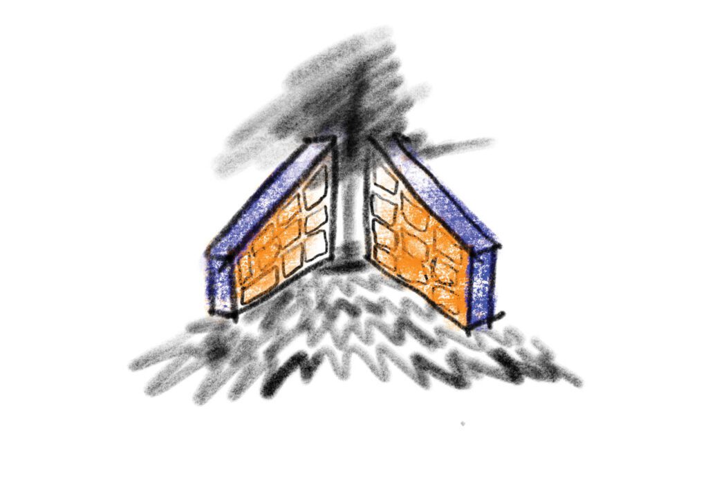 ROOI Design and Research’s hand sketch of Patch-City, an events pavilion in Guangzhou, China, composed of quick-assembly, reusable PVC modules, shows how the firm’s “toy blocks” would be stacked on each other to create a public plaza.