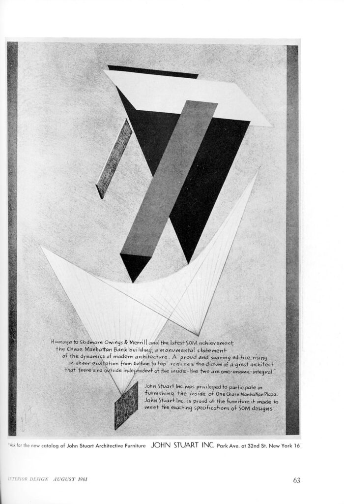 1961 - John Stuart tips his hat to Skidmore, Owings & Merrill's 1 Chase Manhattan Plaza-and just happens to mention that he made the furniture. 