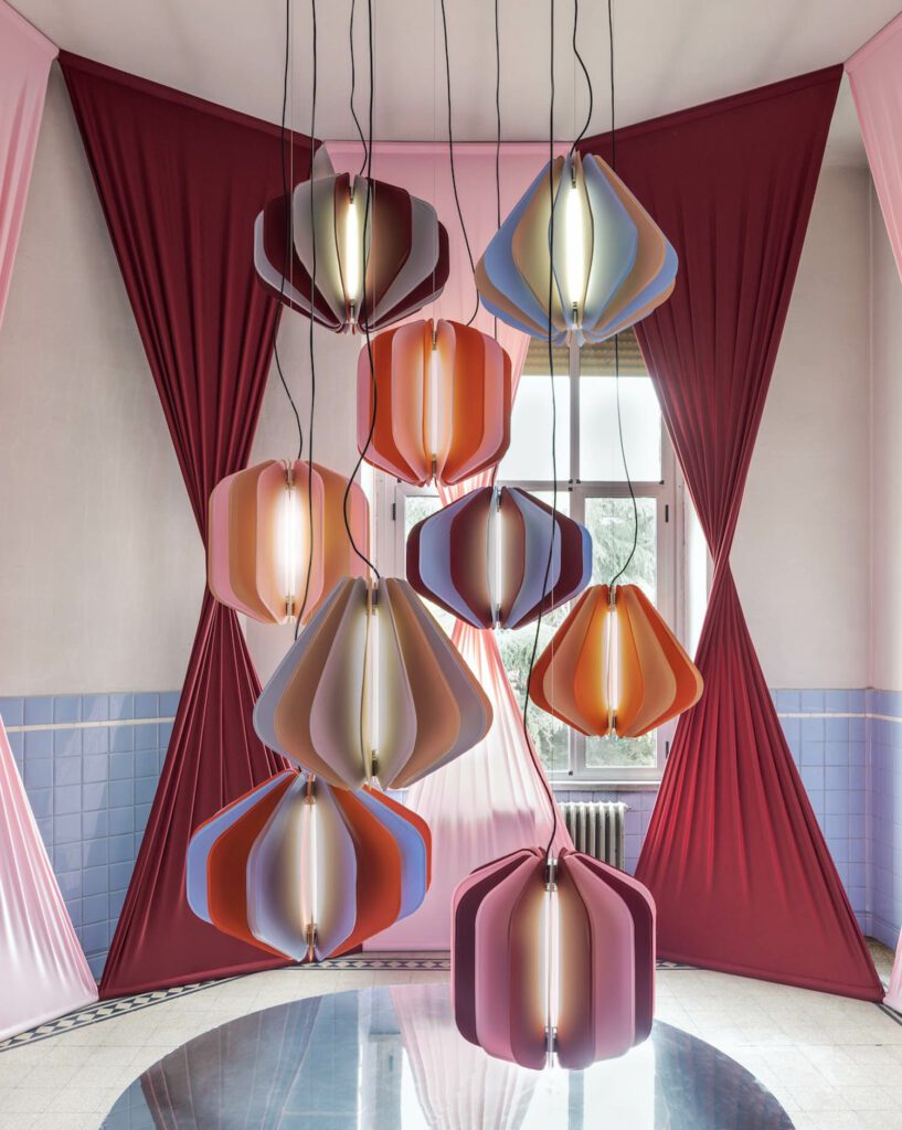 Granting a color refresh on a whim, Venus, a collection of metal and lycra pendant lights by Serena Confalonieri for Servomuto, has segments that are easily tugged out and swapped. 