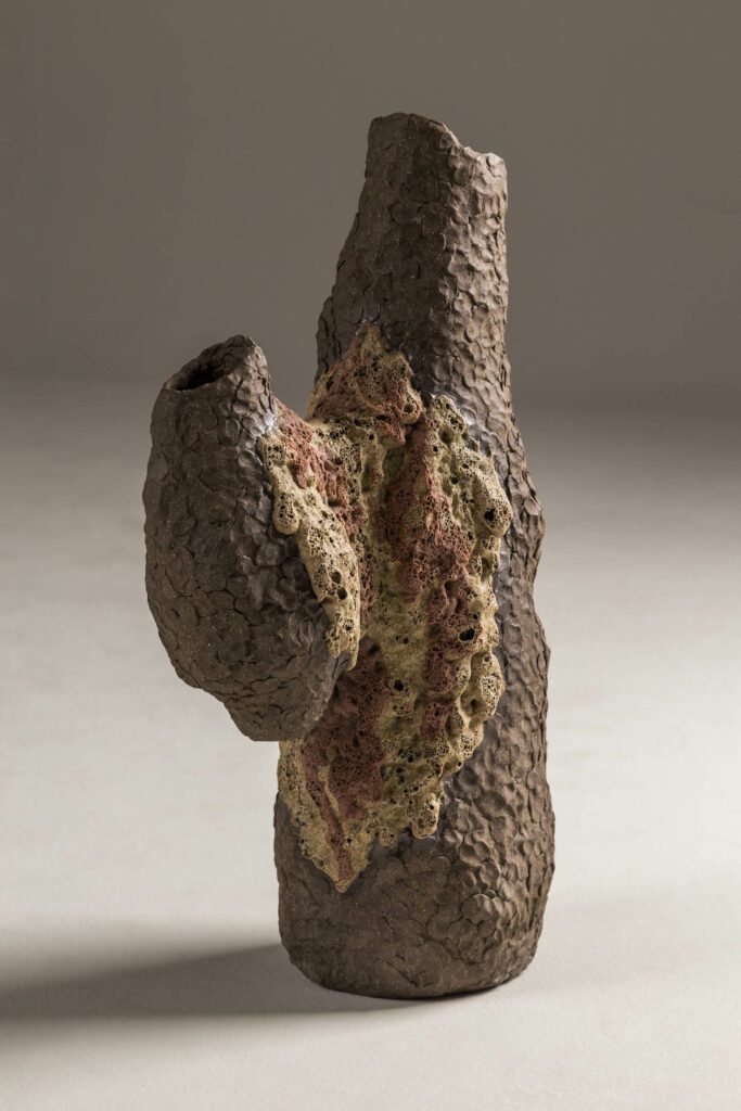 To achieve the unique finish of his Hermanos vase collection, Cristian Mohaded joined two types of clay (in “brotherhood,” he says), chamote grit (a type of stone fragment), and four types of oxides. 