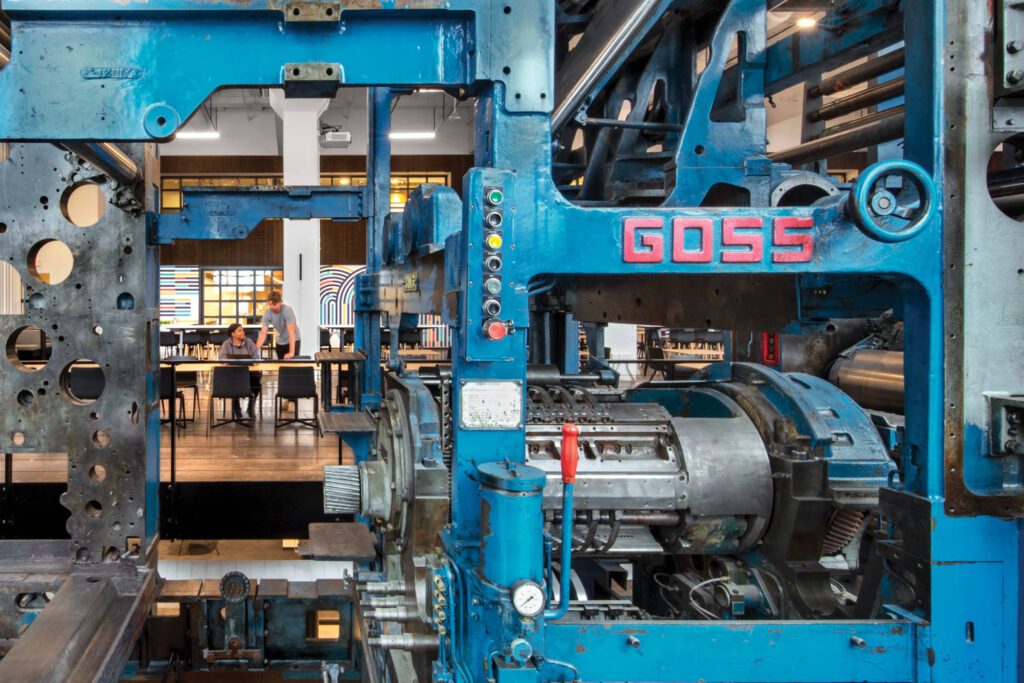 The ground floor of Square and Cash App’s St. Louis office, housed in an eight-level former newspaper building renovated by CannonDesign, is dominated by the original Goss printing press.