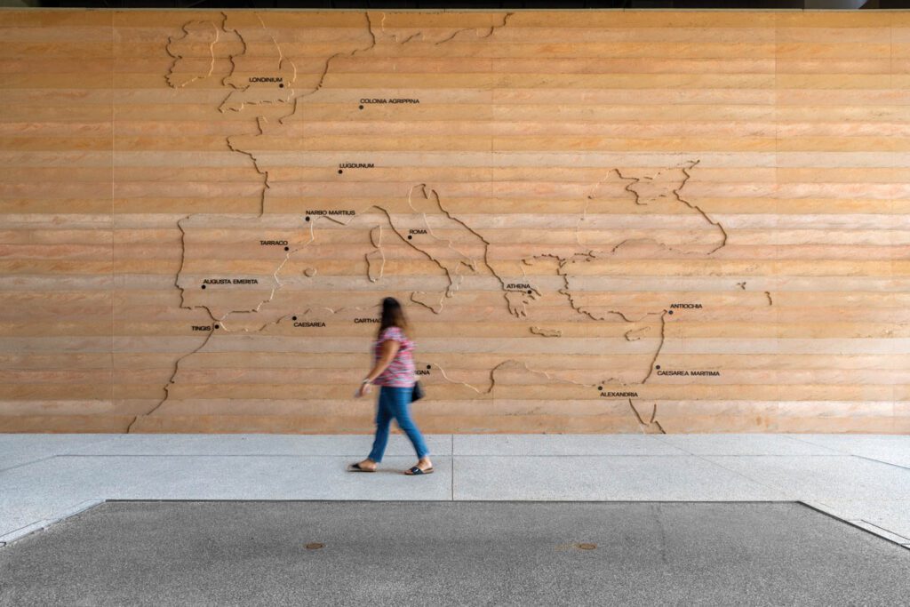 A wall map of the Roman Empire greets museumgoers in the entry atrium.