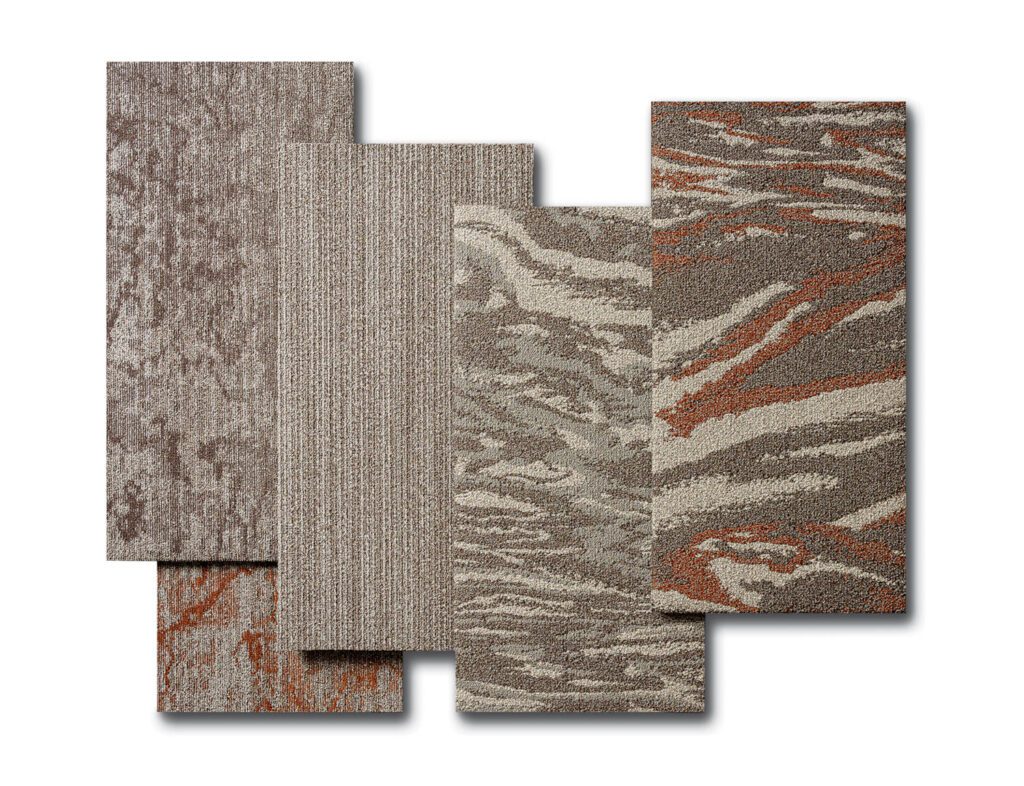 Forces of Nature flooring collection in solution-dyed nylon with  recycled content by J+J Flooring.