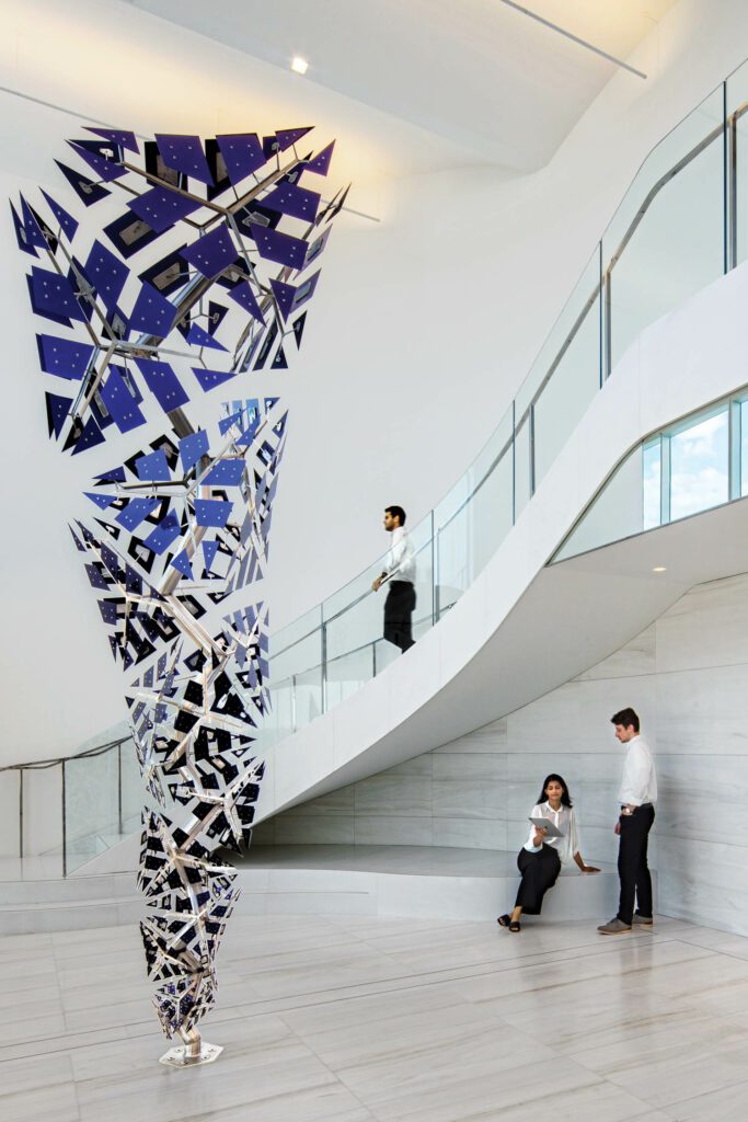 The stainless-steel plate anchoring the Shawcross sculpture is bolted to the Lasa floor.