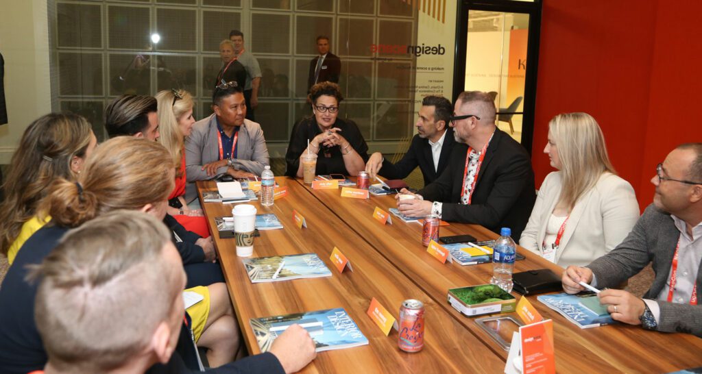 Cindy Allen talks with designers and manufacturers during a roundtable discussion on the future of the workplace at NeoCon.