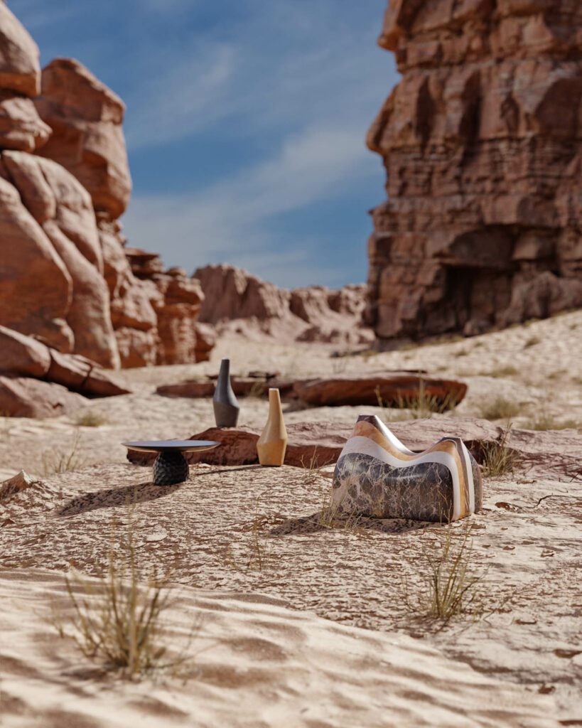 ‘Departures’ is a collection curated by Rana Beiruti for collectible design platform Adorno. Presented against the sands and cliffs of Jordan’s Wadi Rum desert are three pieces. From left to right: a cake stand by SNC DESIGN STUDIO, ‘Jarra’ clay vessels by Twelve Degrees and ‘Petra’ vases by kutleh.