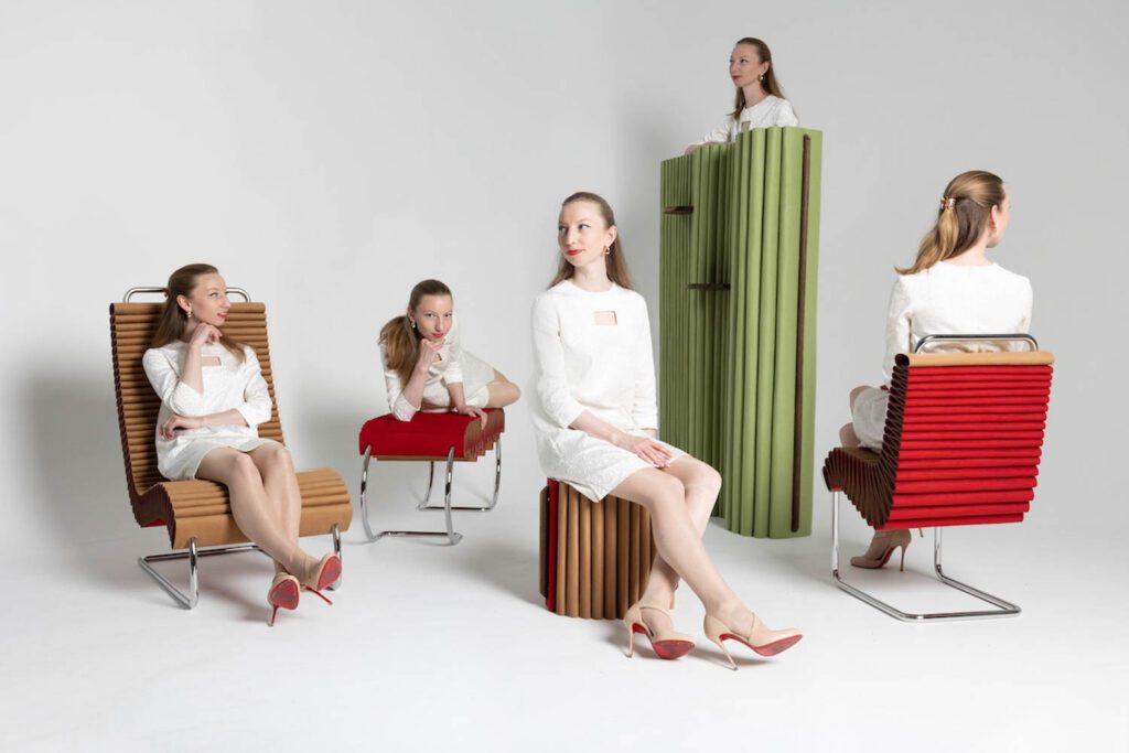 What if you could eliminate the foam in upholstered furniture? Analyzing how fabric folds, Felicia Arvid conceived the Infinity furniture collection, composed of a bench, chair, lounge chair, pouf, and room divider. The collection is constructed from just two materials – fabric and steel. 