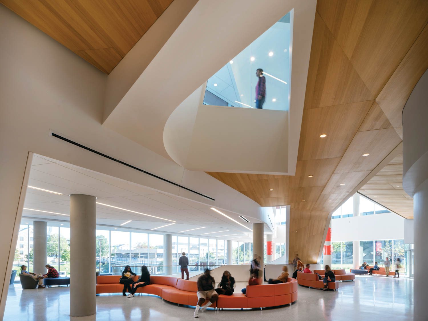 an s shaped couch in the lobby of Calvin & Tina Tyler Hall, Morgan State University, Baltimore by Teeple Architects