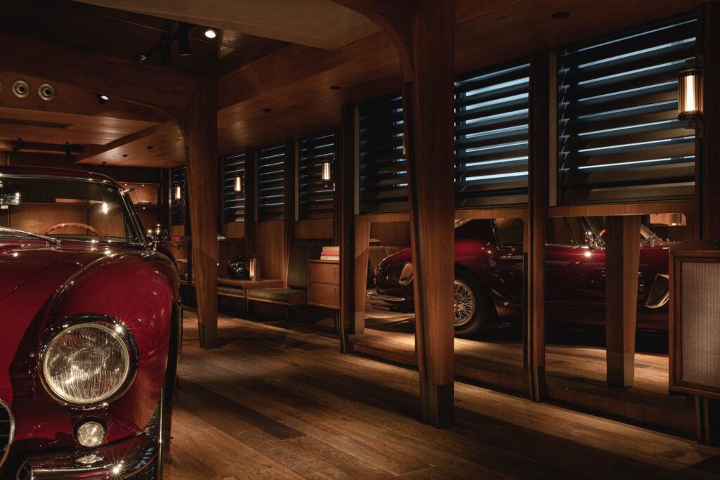 Teak beams rise from floors of reclaimed oak.