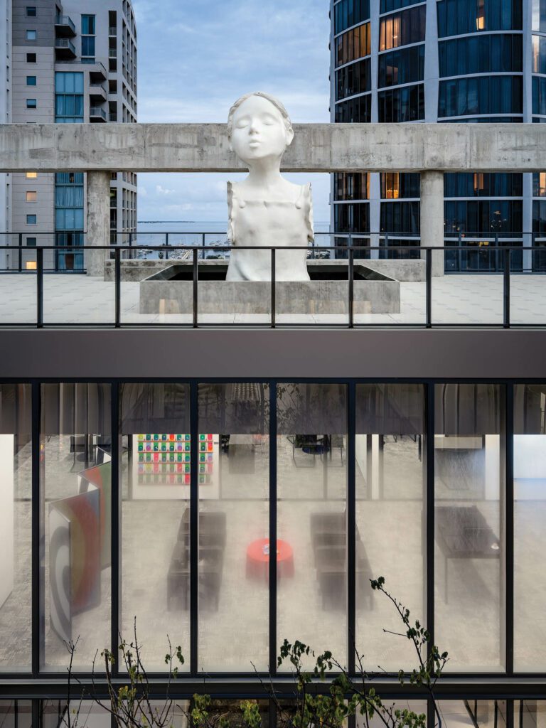 The Well, a 13-foot-tall bronze sculpture by Enrique Martínez Celaya, sits in the rooftop garden overlooking the two-story atrium.