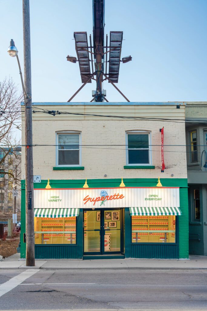 Gooseneck lamps, leftover from the building’s previous life as an antiques store, were repainted.