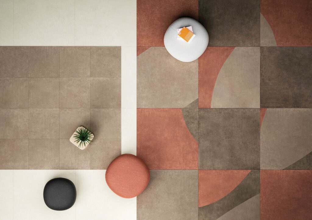 porcelain tile in an amorphous pattern of browns and pinks