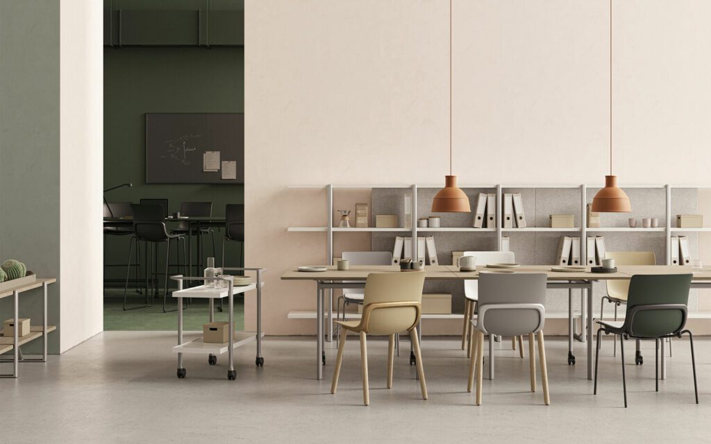Epix chairs by Keilhauer in an array of neutral colors in a minimalist workspace.