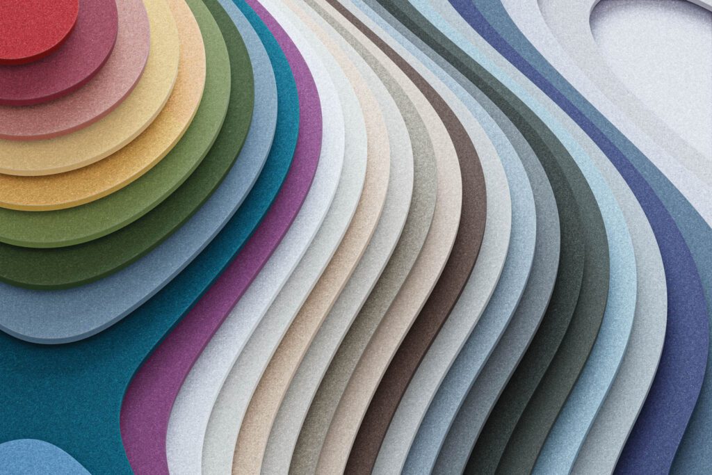 Turf Hues color palette for PET felt acoustic solutions in 32 shades by Turf Design.