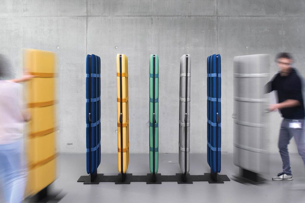 colorful acoustic partitions in a row