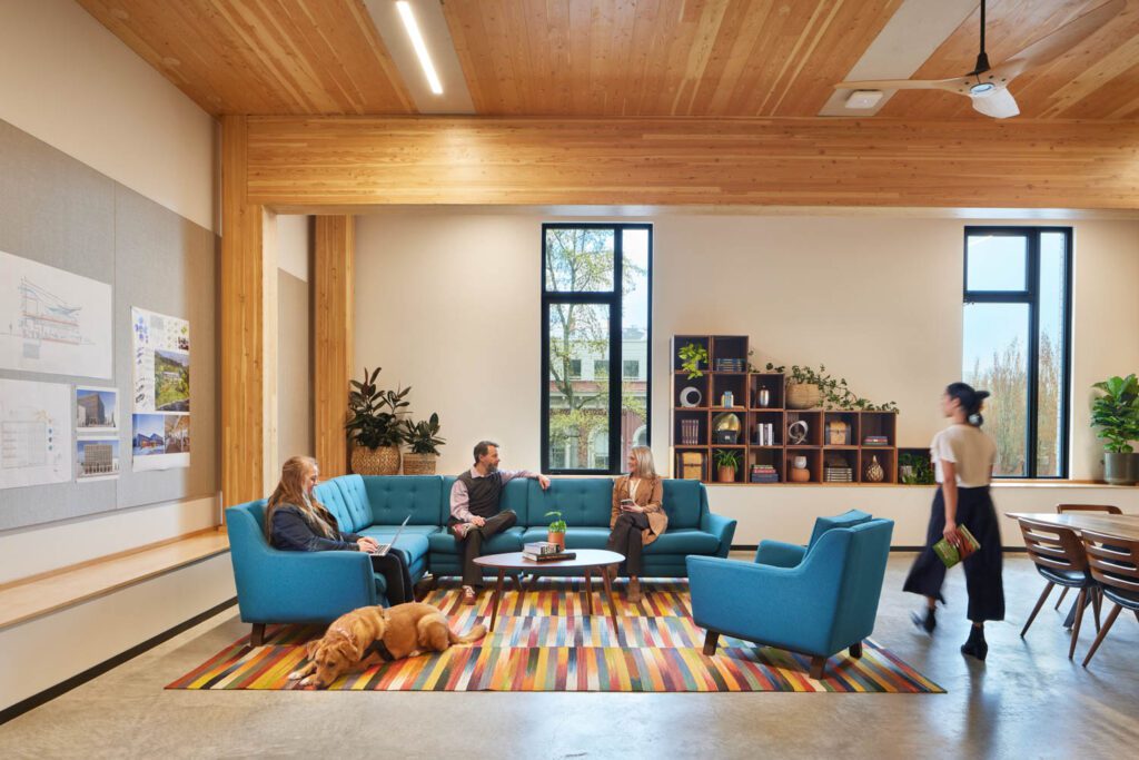 blue sofas and colorful rug with a dog laying on it