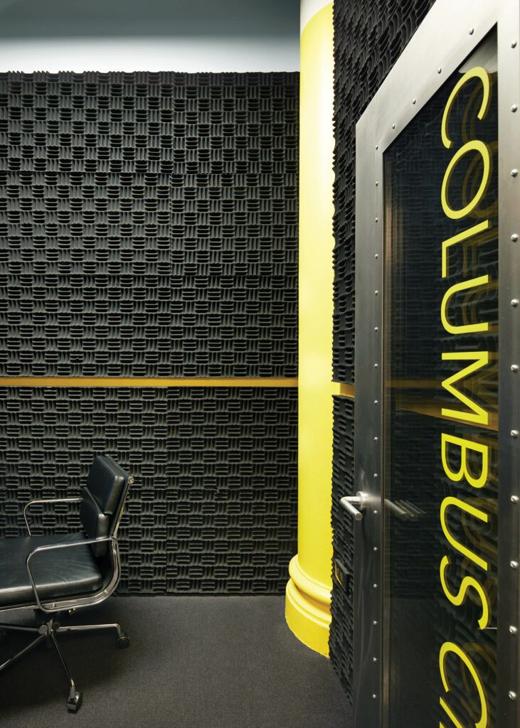 Noise-absorbing foam paneling in one of four podcast studios.