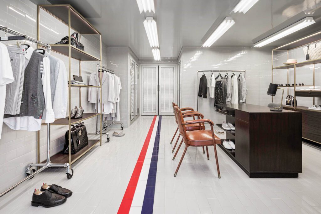 Ceramica Vogue’s System Triangoli Trasparenze series of 4-by-8-inch glossy ceramic tile surrounds the 500-square-foot Thom Browne Saint-Tropez Tennis Pro Shop in France by ASA Studio Albanese.