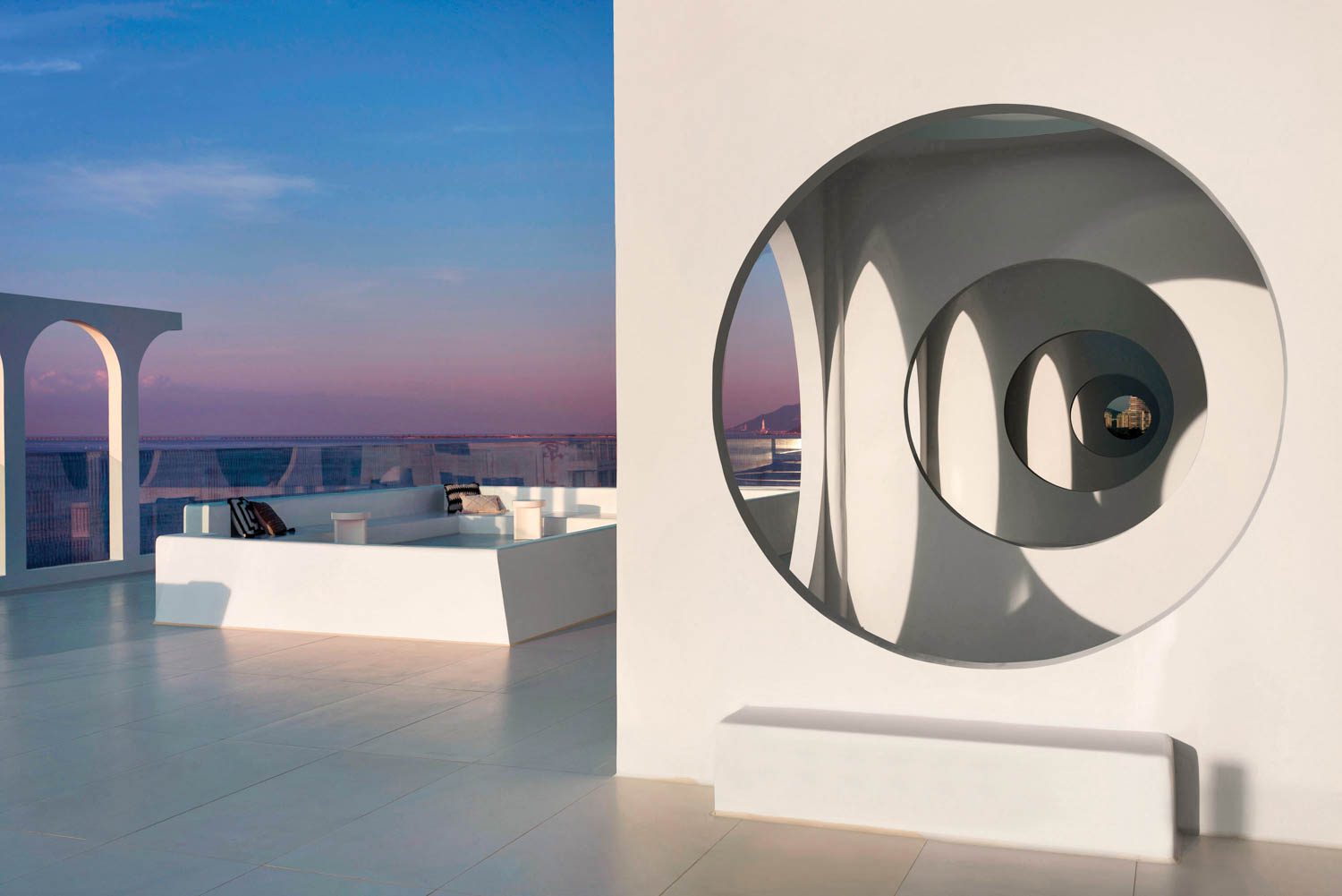 circular cutouts on the terrace of the boutique hotel