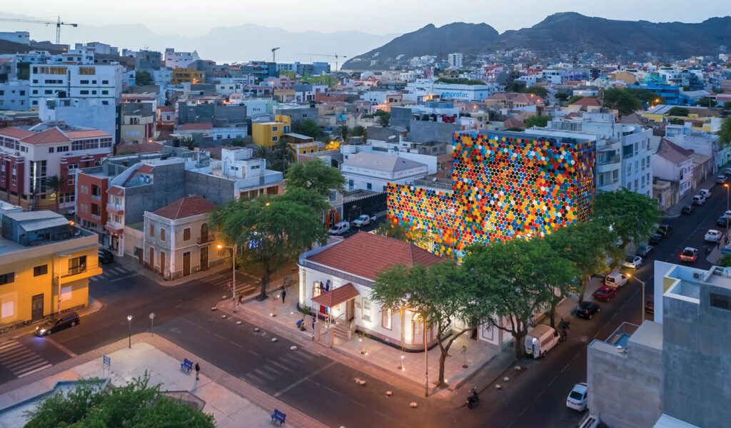 a bird's eye view of the painted steel building at CNAD