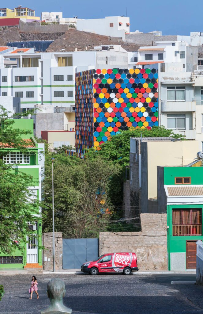 the building's painted lid exterior in a view of the city