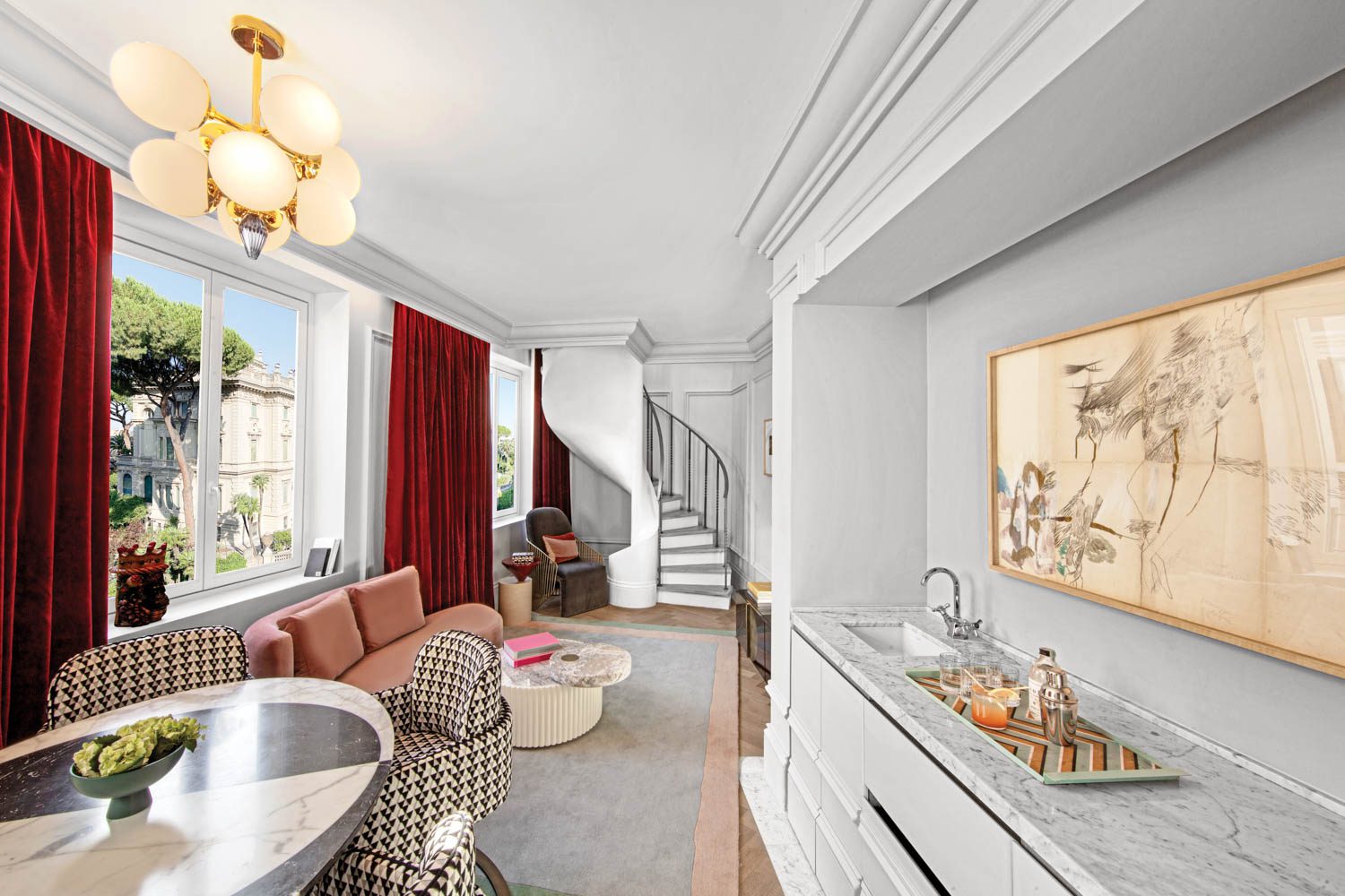 the downstairs dining area of the duplex suite in the W Rome hotel