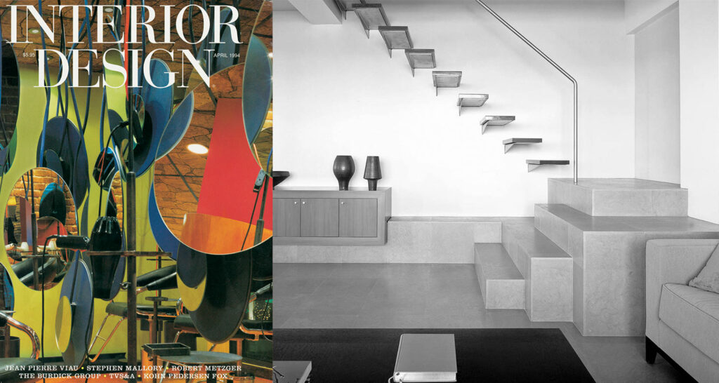 a collage of the April 1994 cover of Interior Design next to a room with a staircase