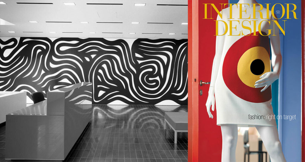 a collage of a mural next to the April 2004 cover of Interior Design