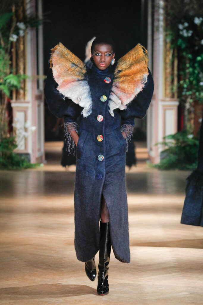 A coat from Viktor & Rolf’s 2019 Spiritual Glamour collection, featuring Burgundian black–dyed felted wool by Claudy Jongstra