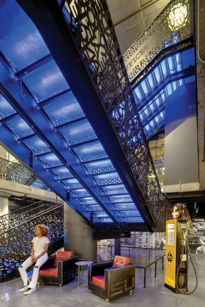 blue color-changing LEDs in the stair's risers