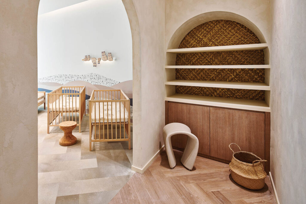 different shades of oak flooring between rooms in a nursery