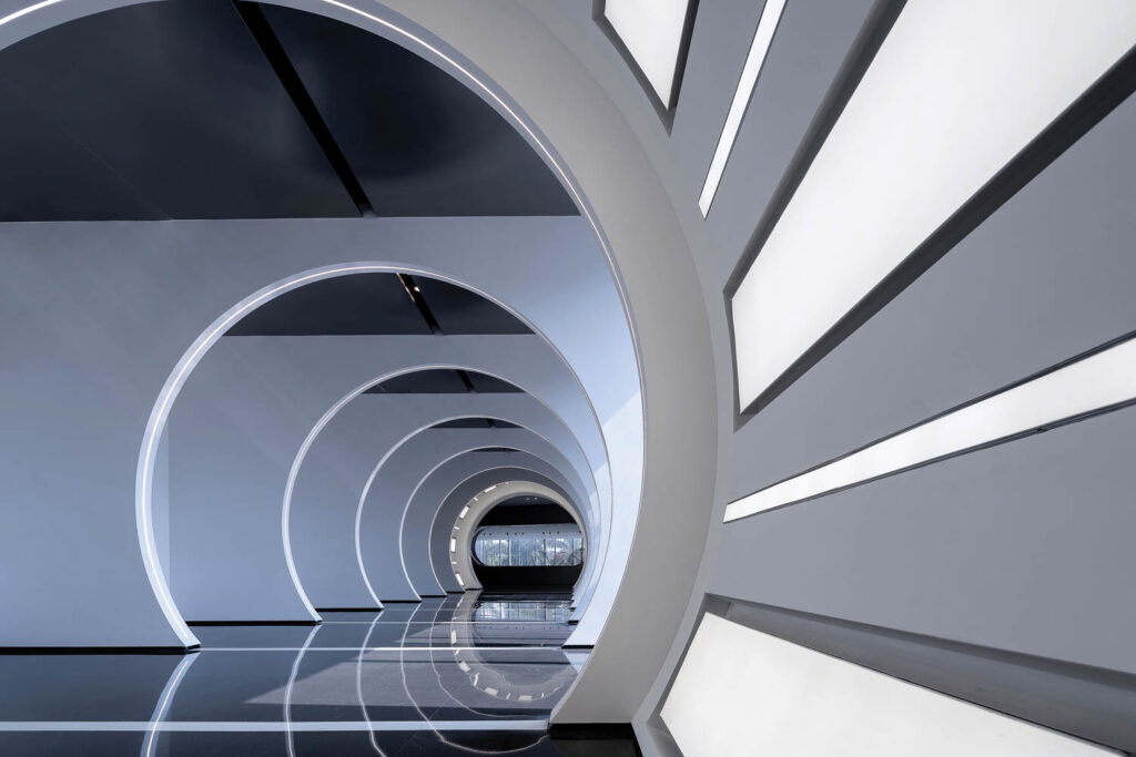 concentric circles throughout a hallway in the Guangzhou Airport Sunac Center