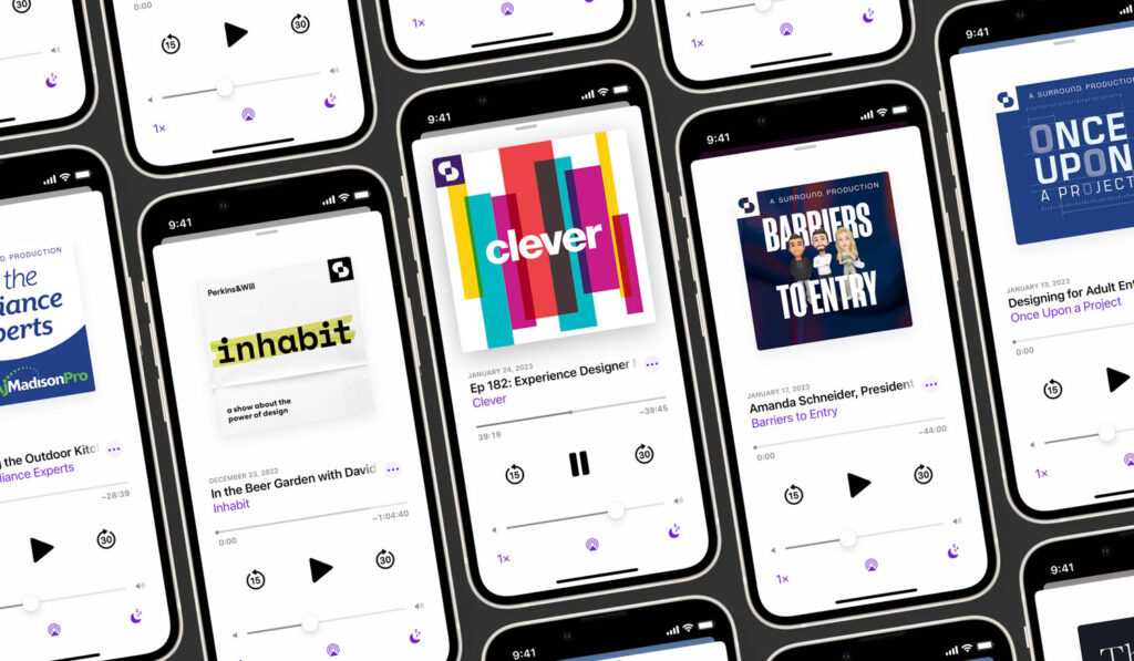 a row of phone screens displaying podcasts playing, including Inhabit, Clever, and Barriers to Entry