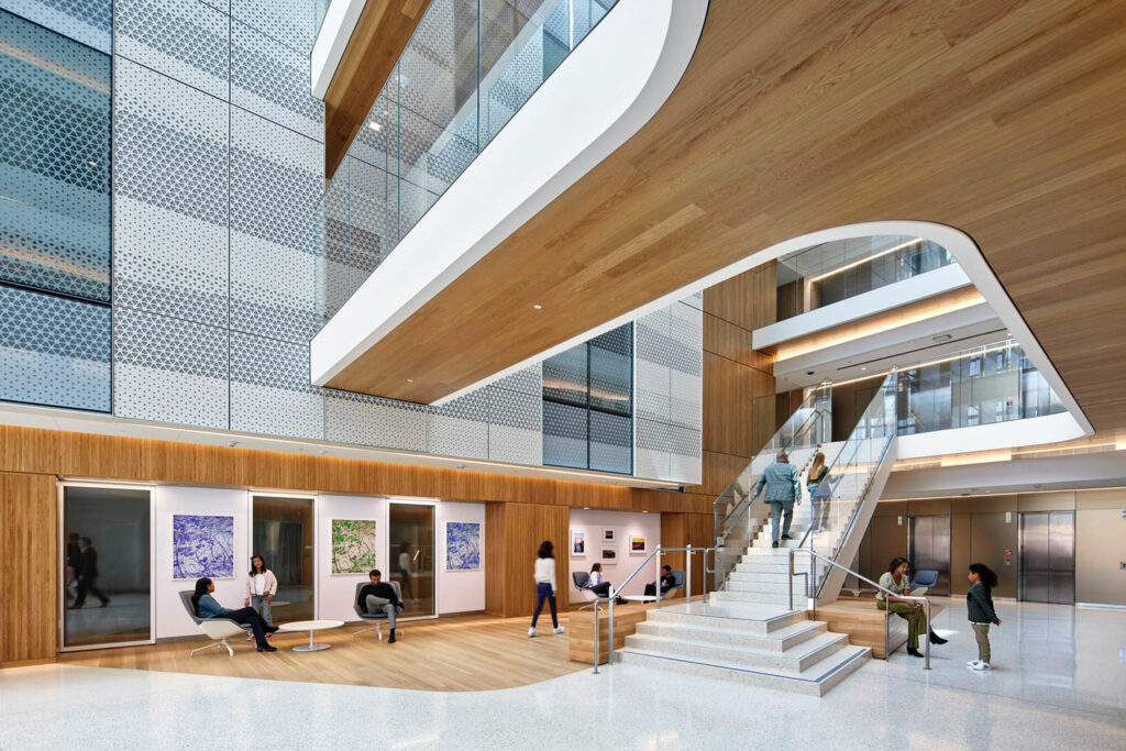 people walk throughout the lobby of UCSF's Department of Psychiatry and Behavioral Sciences