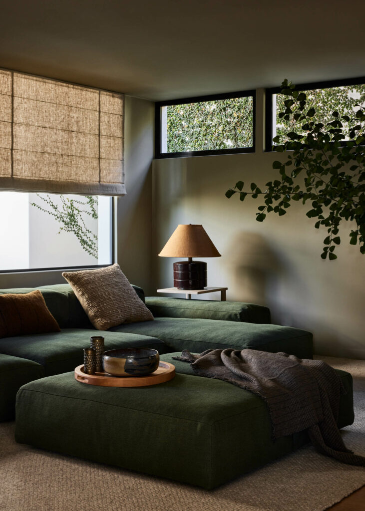 a dark green sofa in a media room