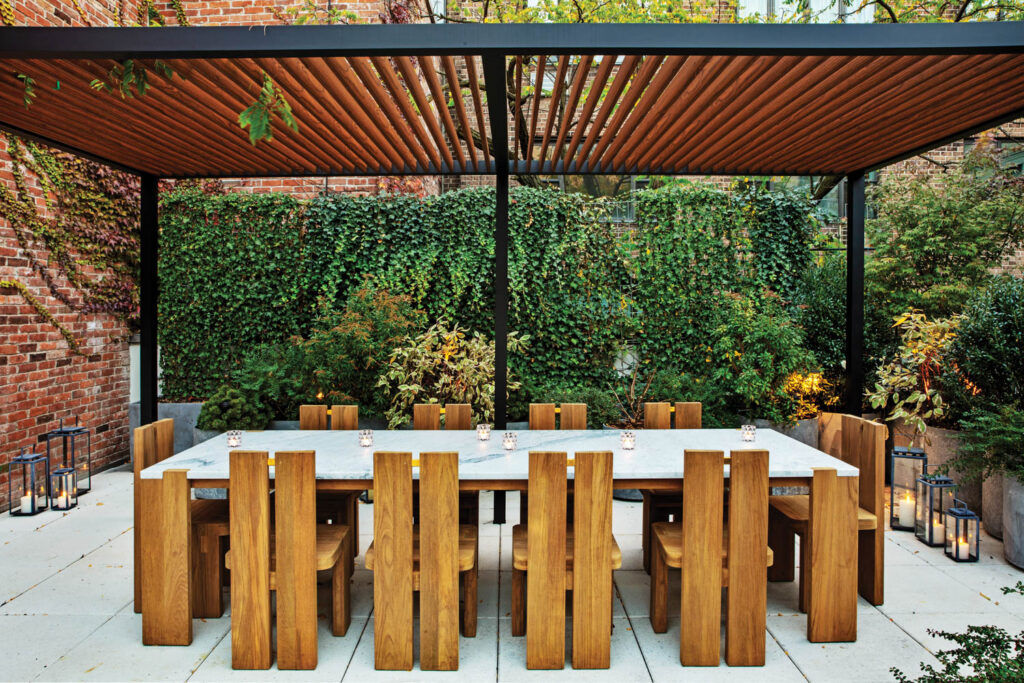 a steel pergola atop the terrace at AP House