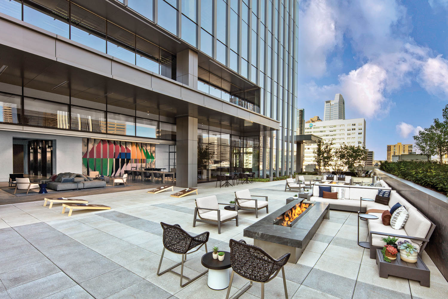 the terrace made of concrete-composite pavers on a Block 162, a Denver office tower