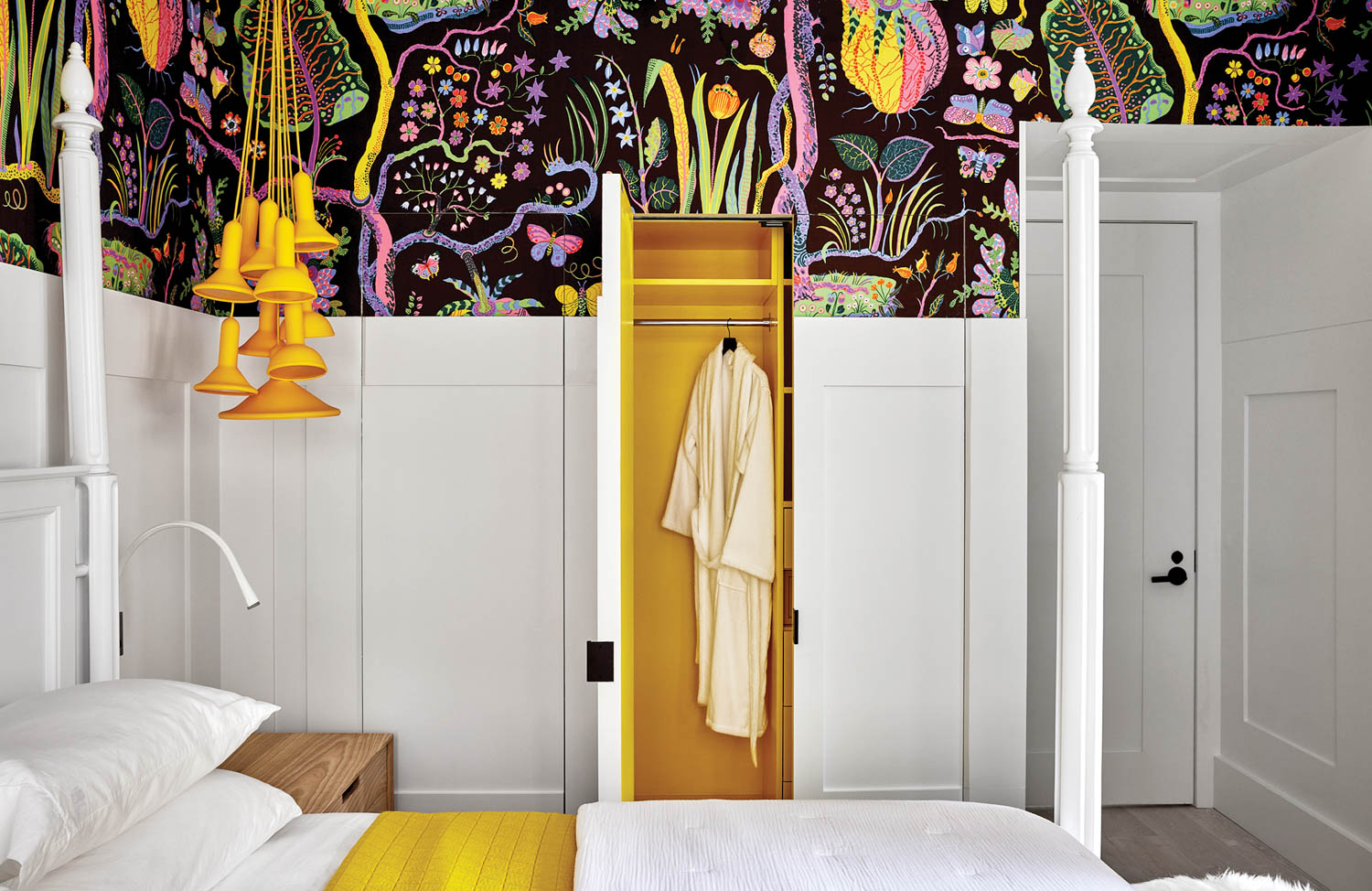 a colorful guest suite inside the bar and hotel space