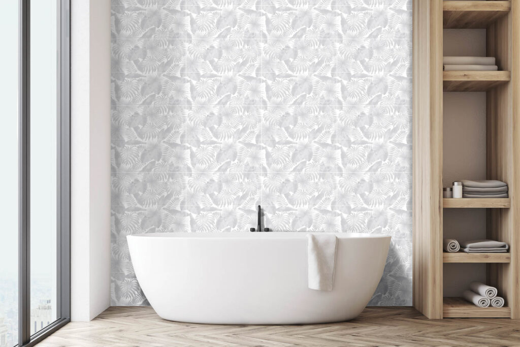 Front view of a bathroom interior with a white tub and white textured tile wall