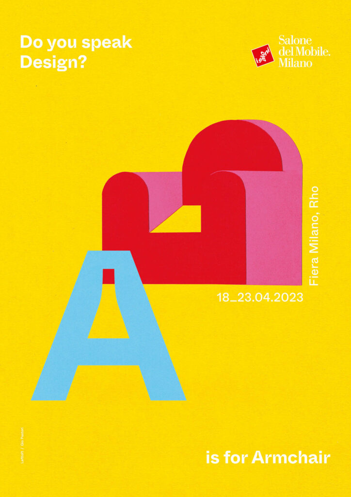 a poster for Salone del Mobile 2023 features an A for armchair illustration