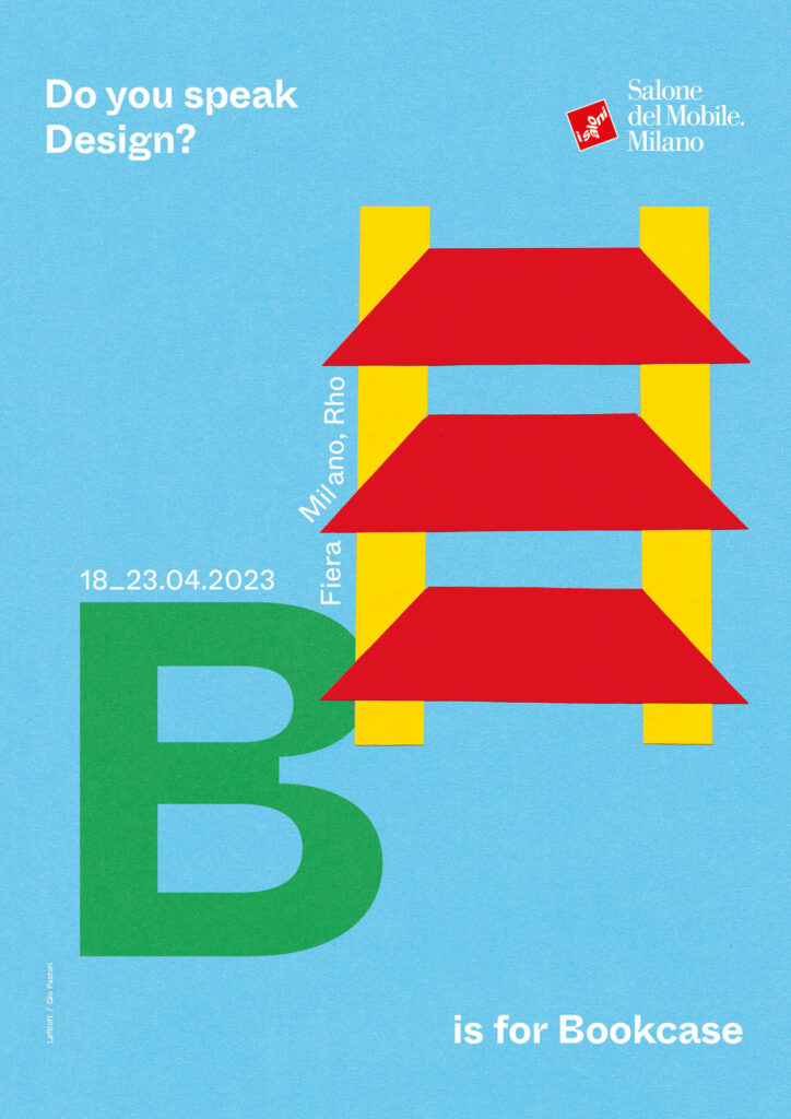 a poster for Salone del Mobile 2023 features a B is for bookcase illustration