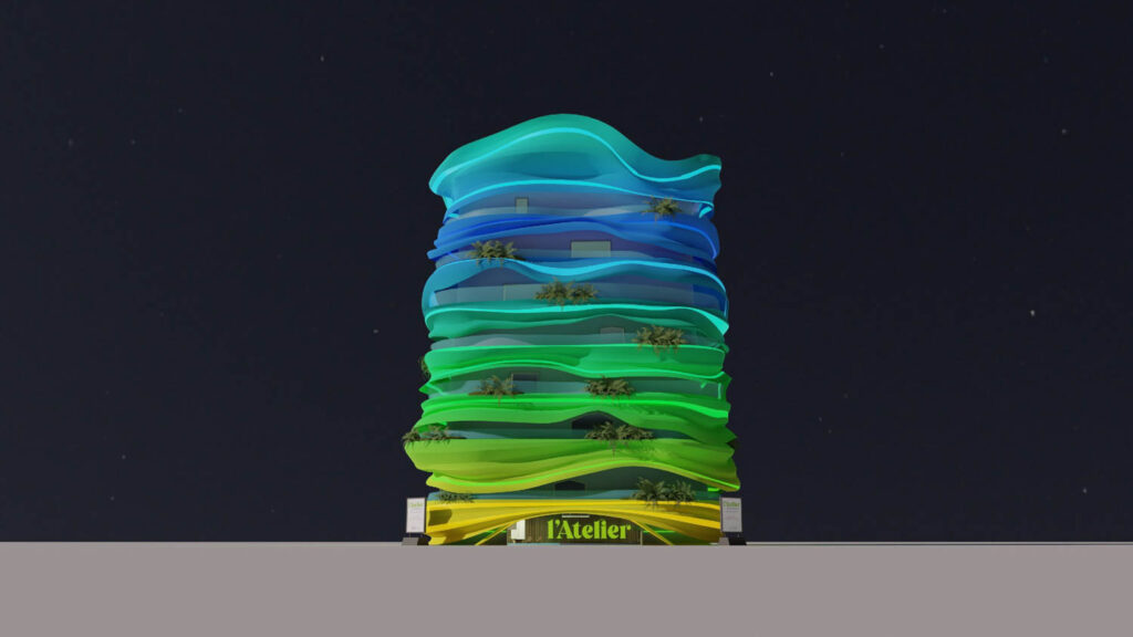 A rainbow tower that is a building in the metaverse