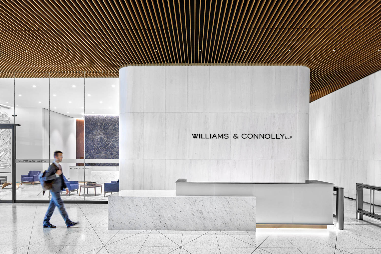 Williams & Connolly's reception area decorated in marble