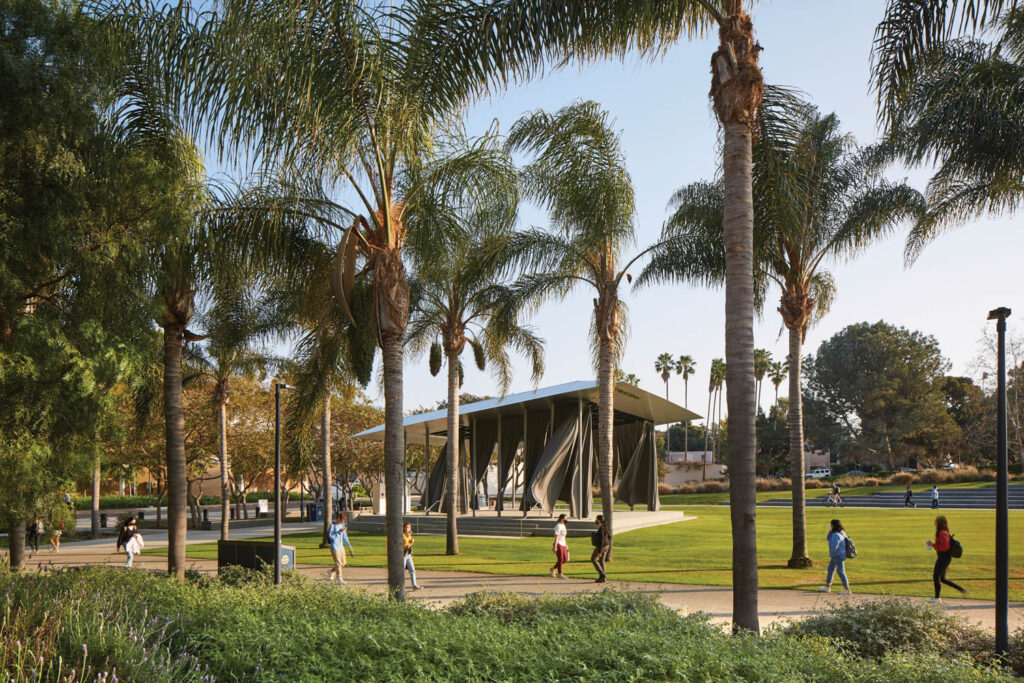 curtains blow through a multipurpose pavilion at a university