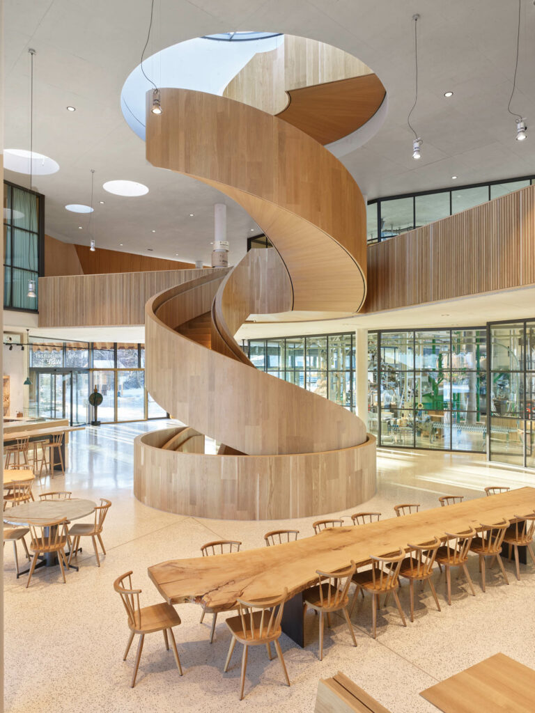 a massive spiral stair in the atrium of Rapunzel World