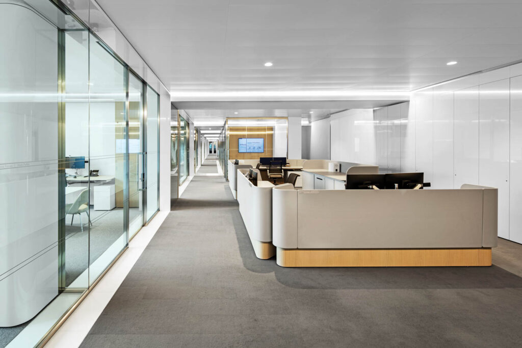 a workstation area inside Milbank with panel walls to control the acoustics