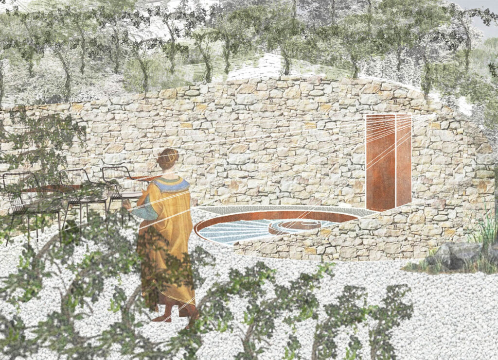 a rendering of Fibonacci, a terraced patio at a winery in Prague