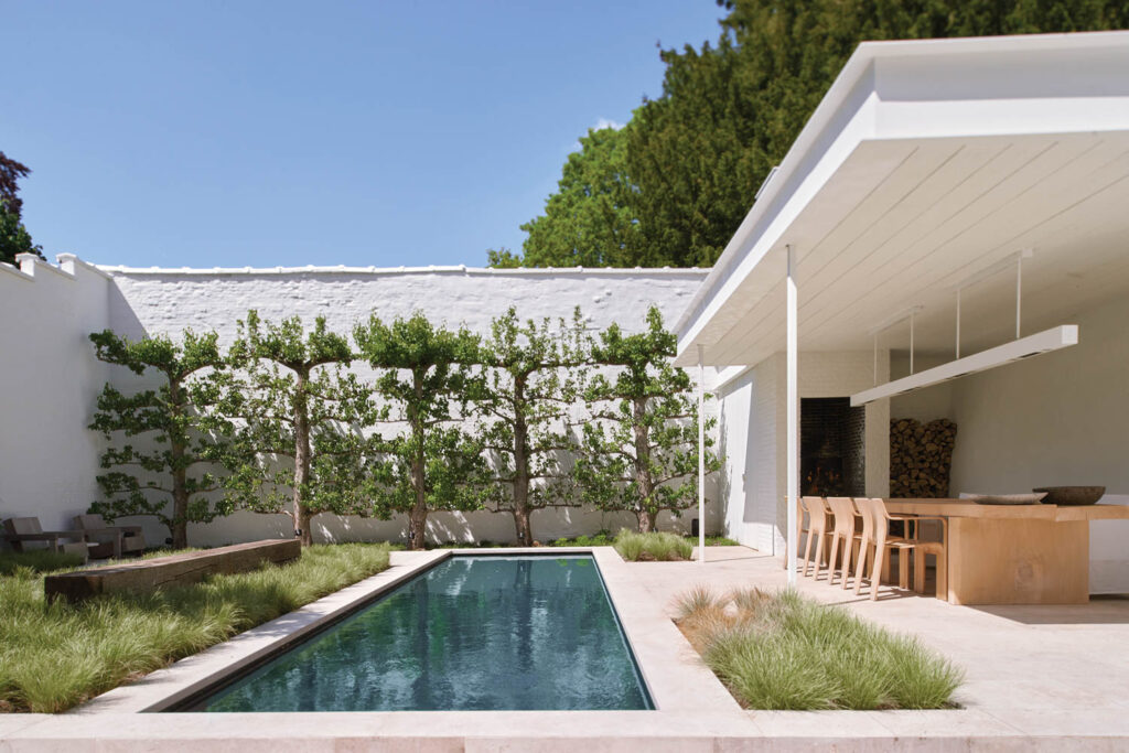 the outdoor pool  in the courtyard garden is surrounded by dune grasses and pear trees