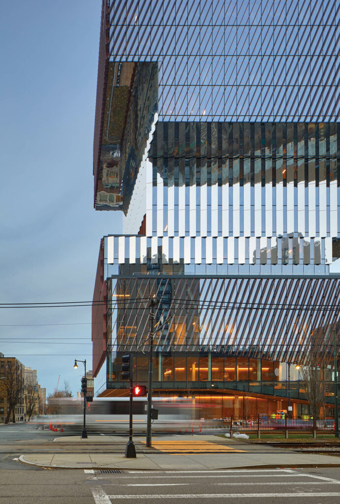 diagonal aluminum and mirrored sawtooth glass make the facade of this computing center at Boston University